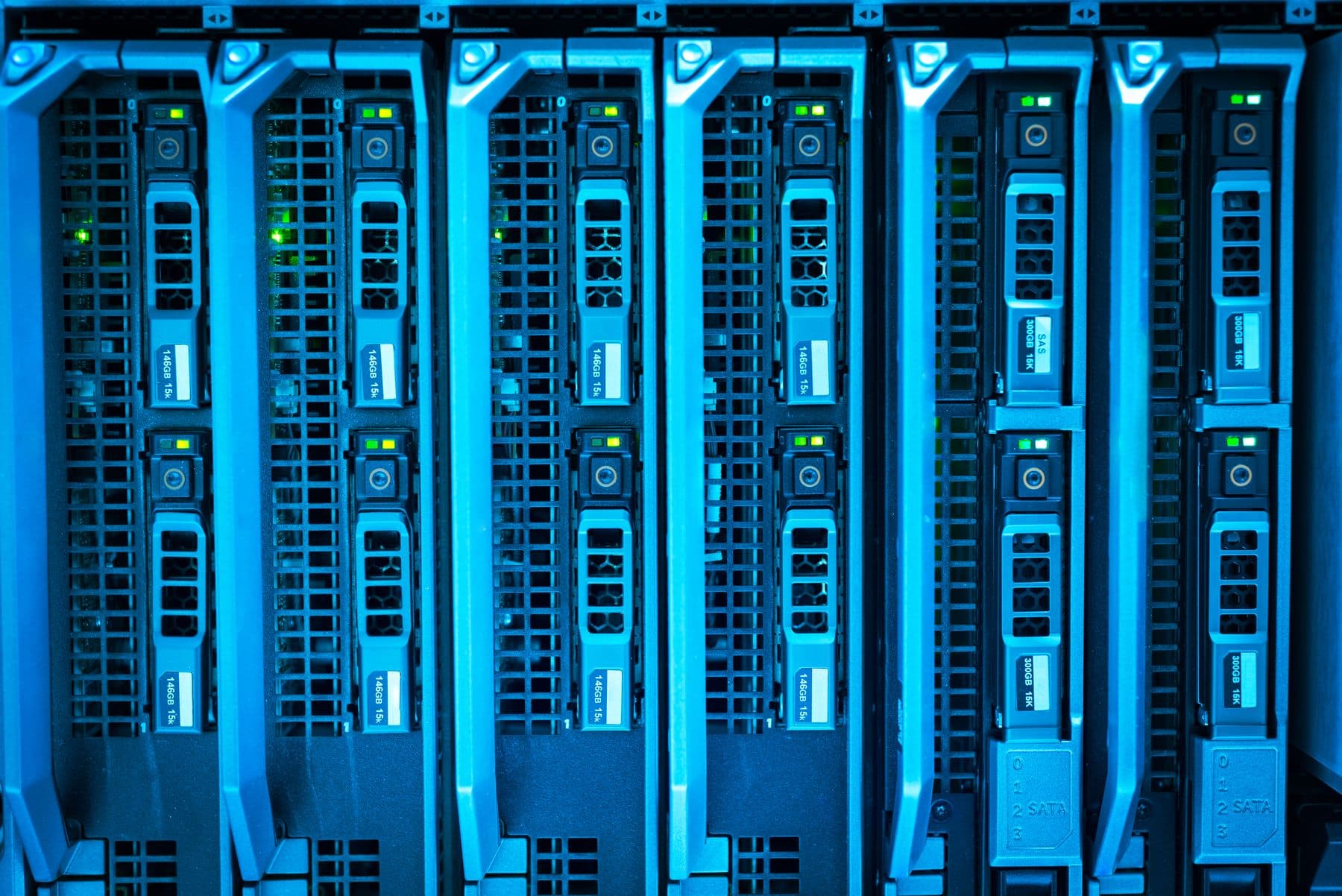 Blade servers installed in a chassis with status lights lit.